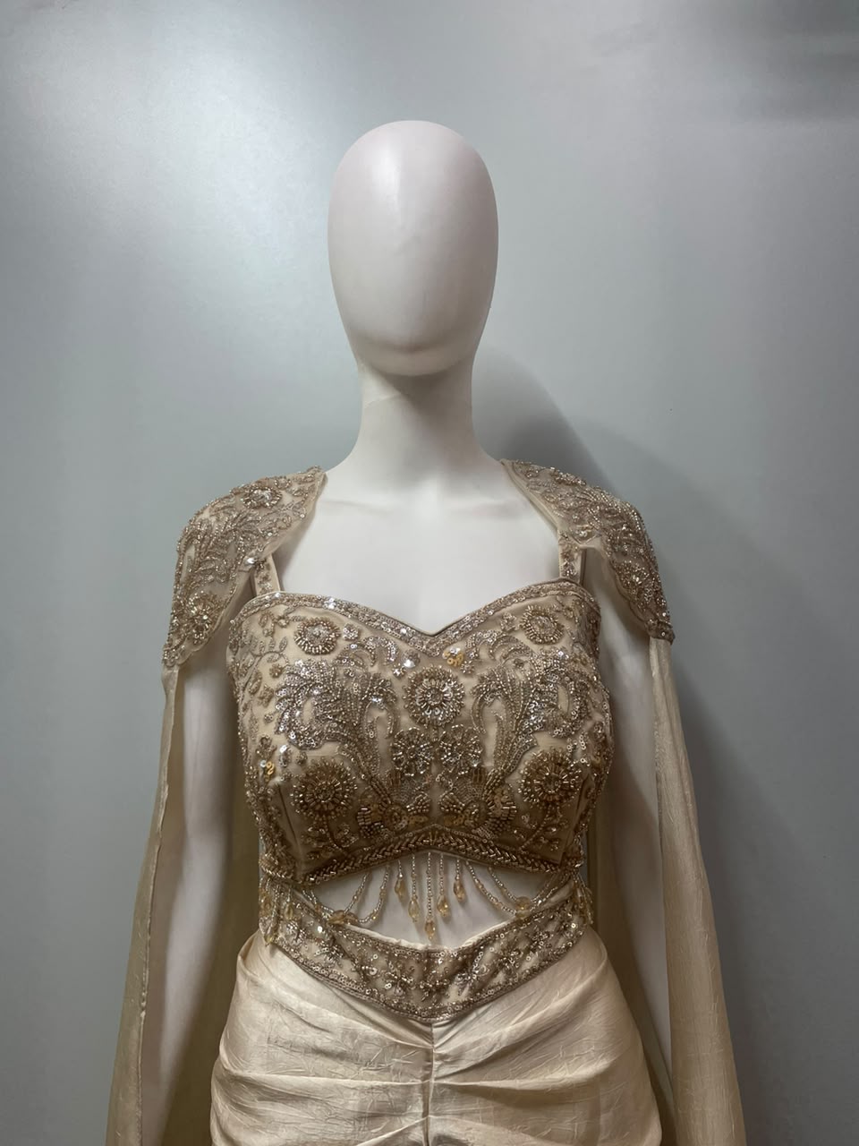 Champagne Gold Crystal Pre-Draped Saree Set