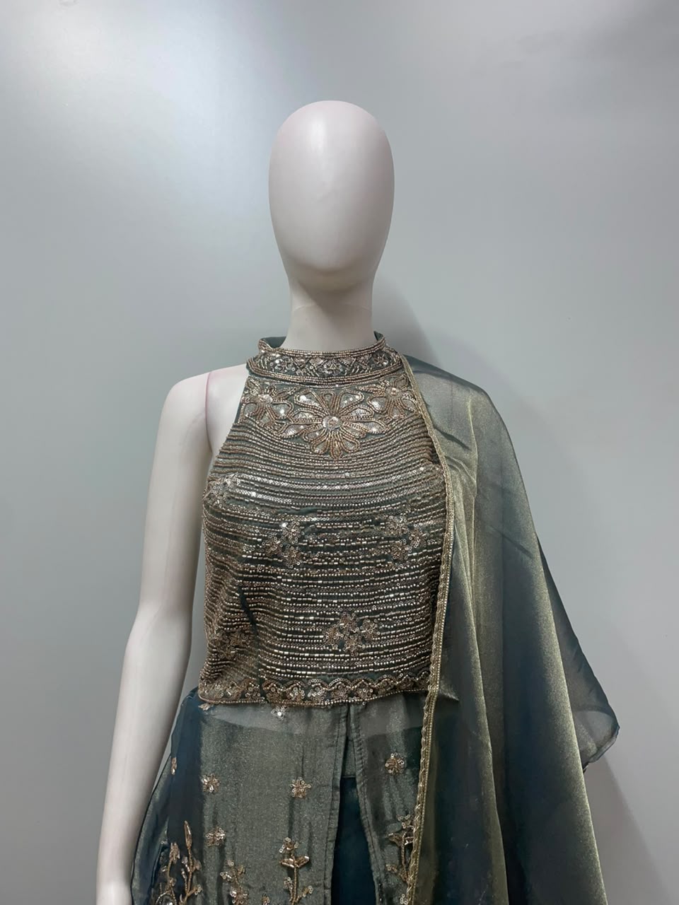 Smoky Olive Gold Embroidered Palazzo Drape Set