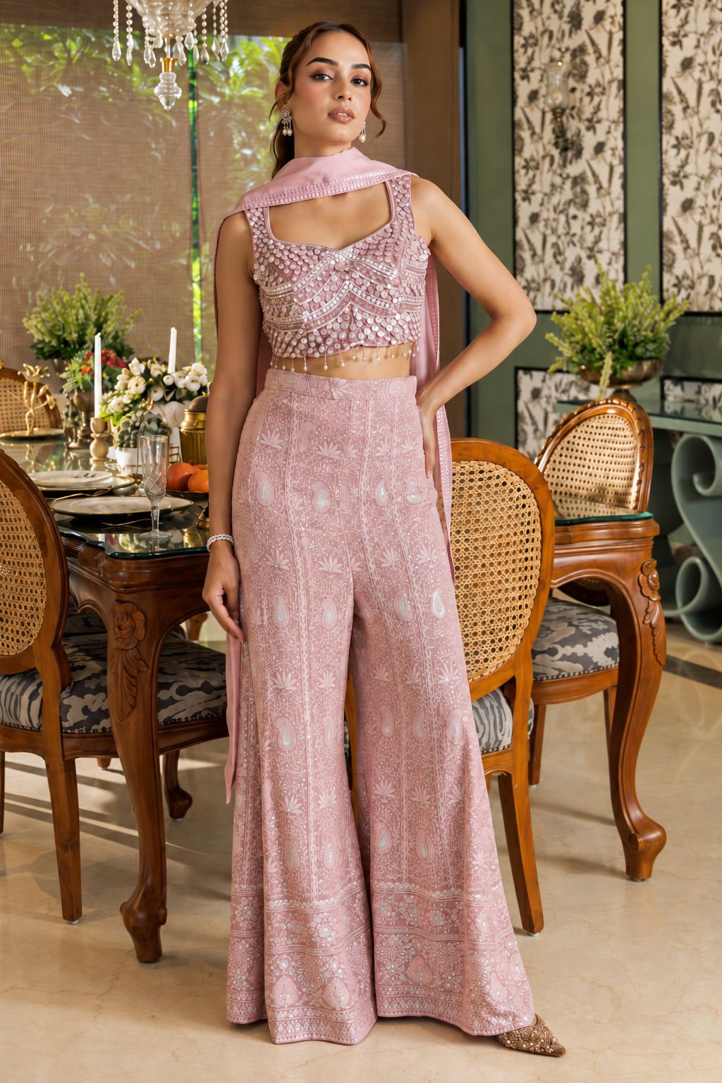 Dusty Blush Silver Jewel Palazzo Set