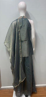Smoky Olive Gold Embroidered Palazzo Drape Set