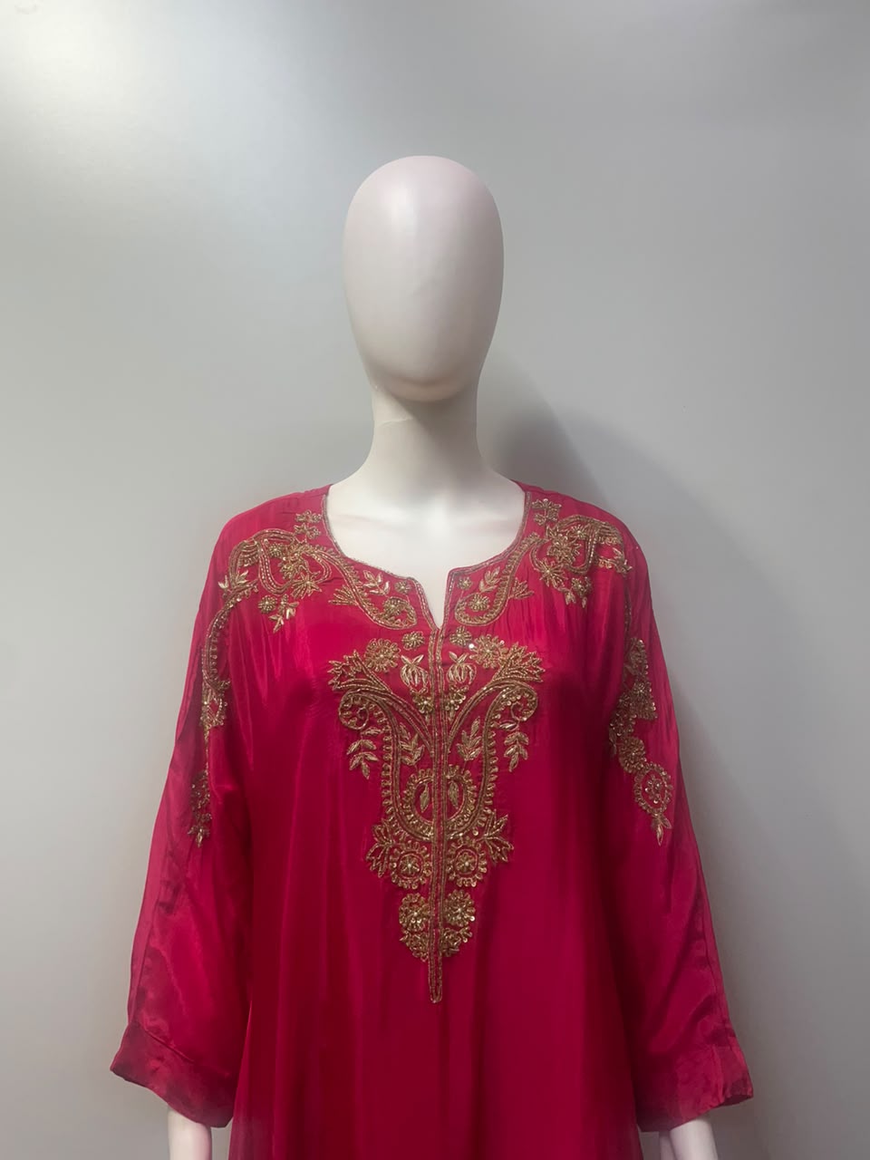 Fuchsia Gold Embroidered Kaftan Palazzo Ensemble