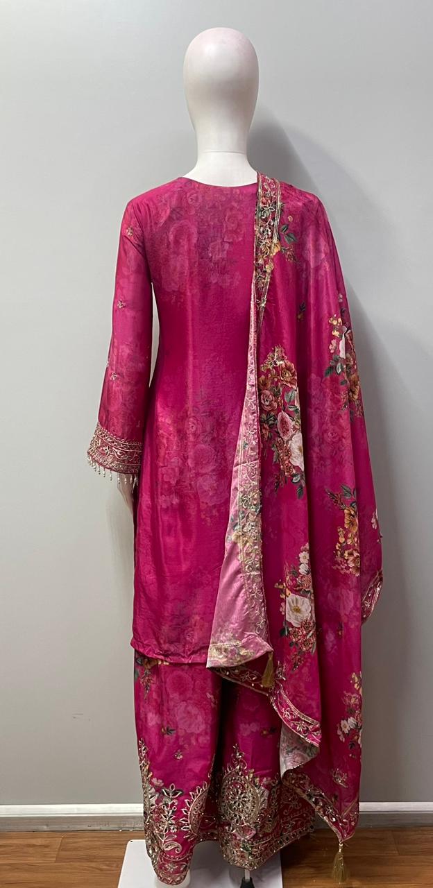 Fuchsia Pink Hand-Crafted Palazzo Suit with Dupatta | Label S4U
