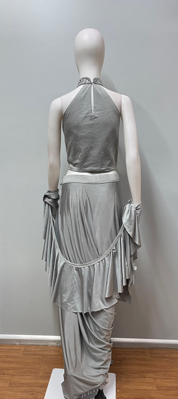 Silver Crystal Halter Draped Saree Set