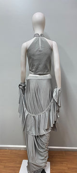 Silver Crystal Halter Draped Saree Set