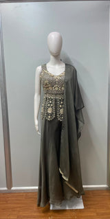 Olive Gold Embroidered Peplum Palazzo Set