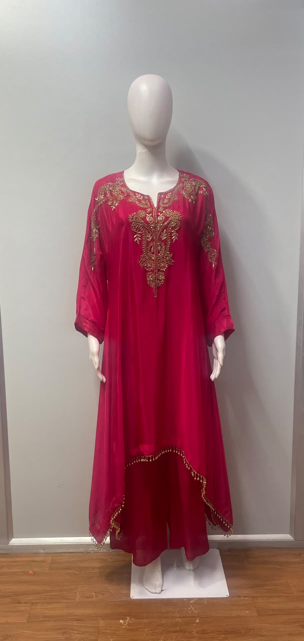 Fuchsia Gold Embroidered Kaftan Palazzo Ensemble
