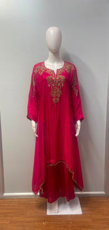 Fuchsia Gold Embroidered Kaftan Palazzo Ensemble