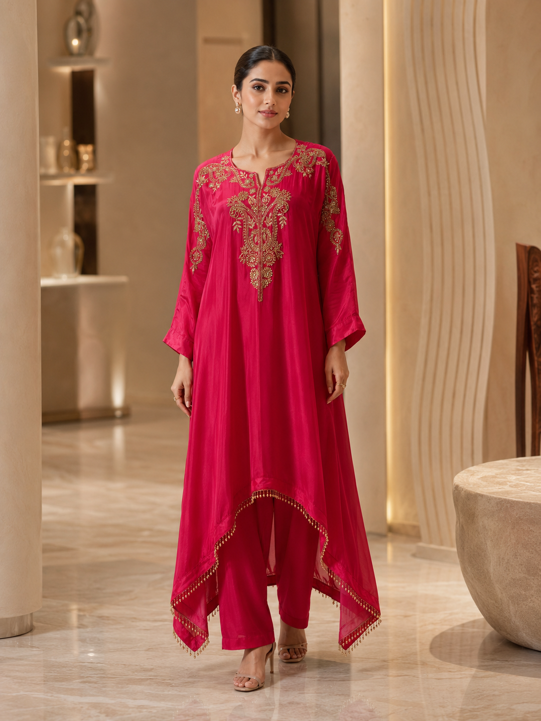 Fuchsia Gold Embroidered Kaftan Palazzo Ensemble