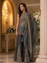 Smoky Olive Gold Embroidered Palazzo Drape Set