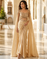 Champagne Gold Crystal Pre-Draped Saree Set