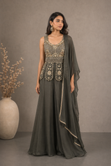 Olive Gold Embroidered Peplum Palazzo Set