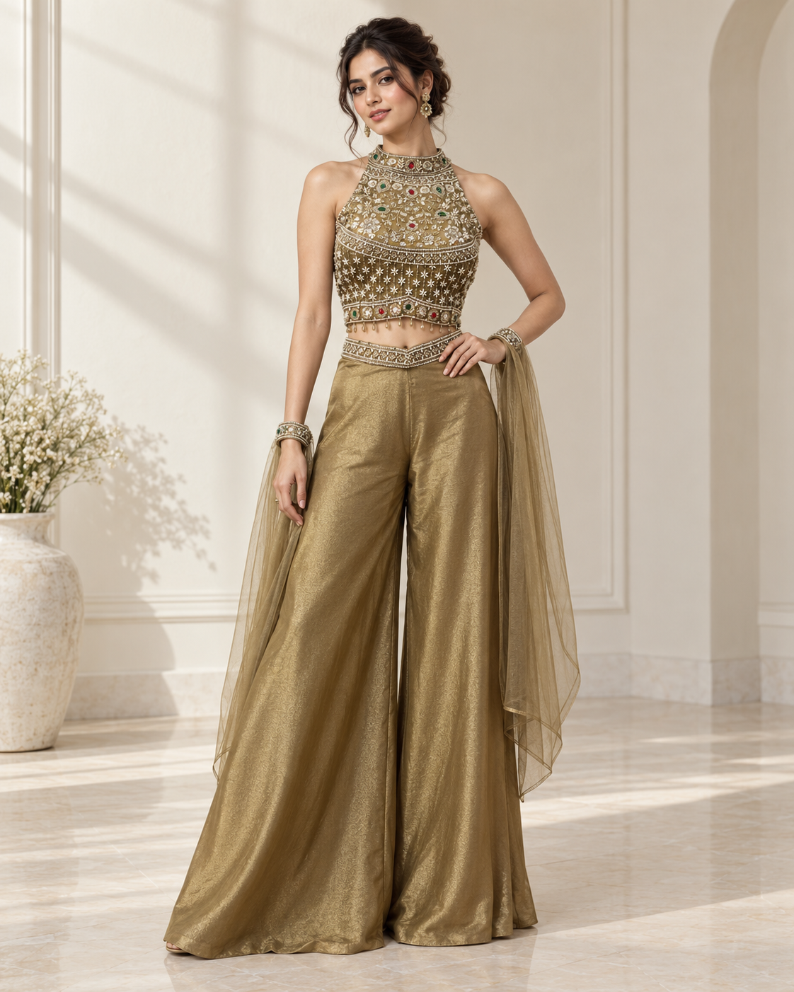 Antique Olive Multicolor Jewel Palazzo Set