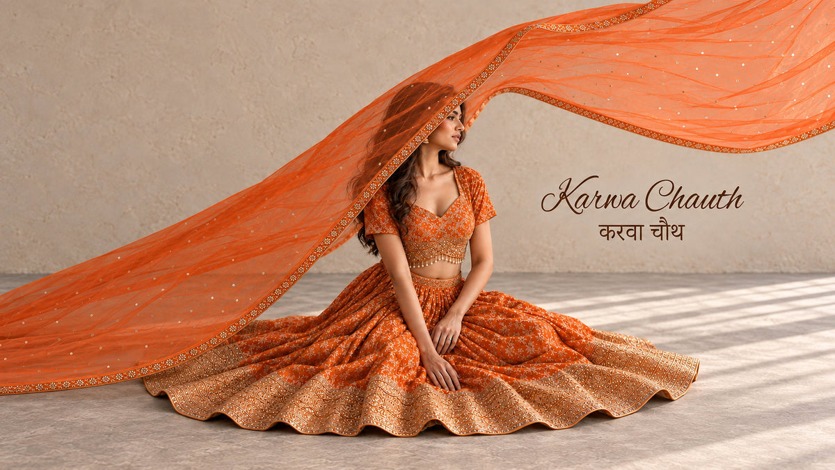 Karwa Chauth 2026 at Mishuuu — orange embroidered lehenga with flowing net dupatta.