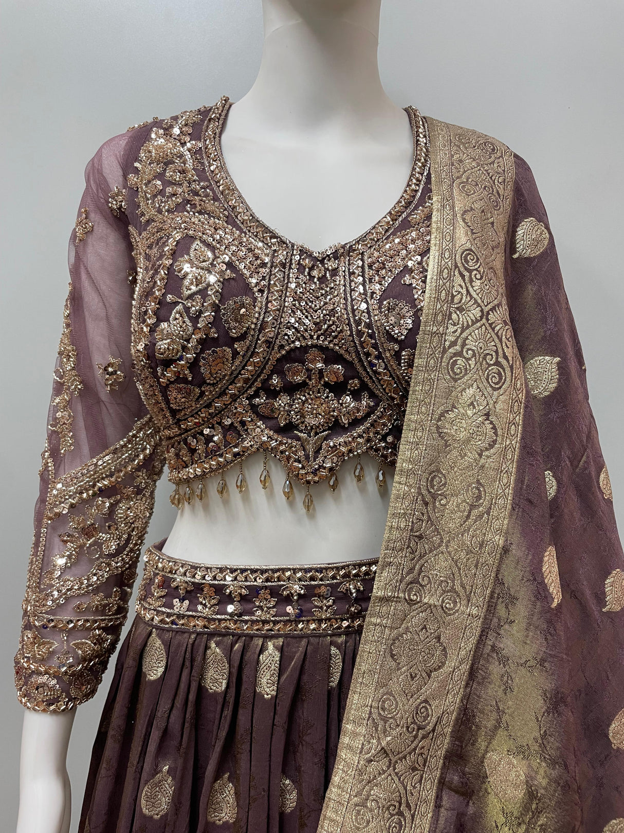 Chocolate Brown Antique Gold Lehenga Ensemble