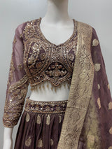 Chocolate Brown Antique Gold Lehenga Ensemble