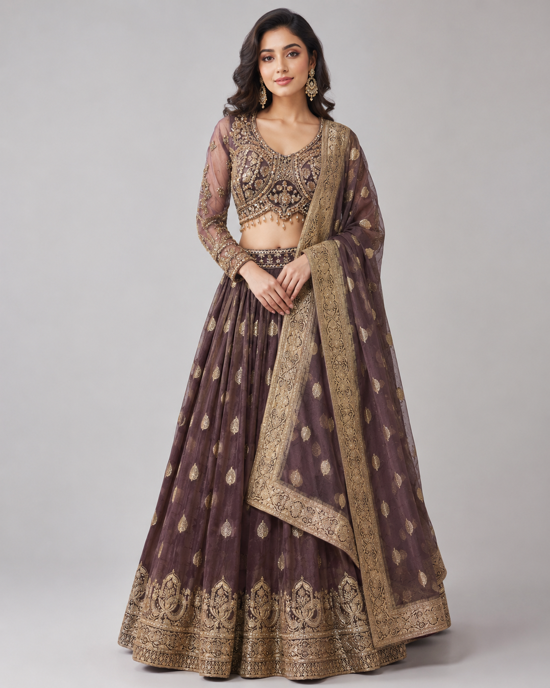 Chocolate Brown Antique Gold Lehenga Ensemble