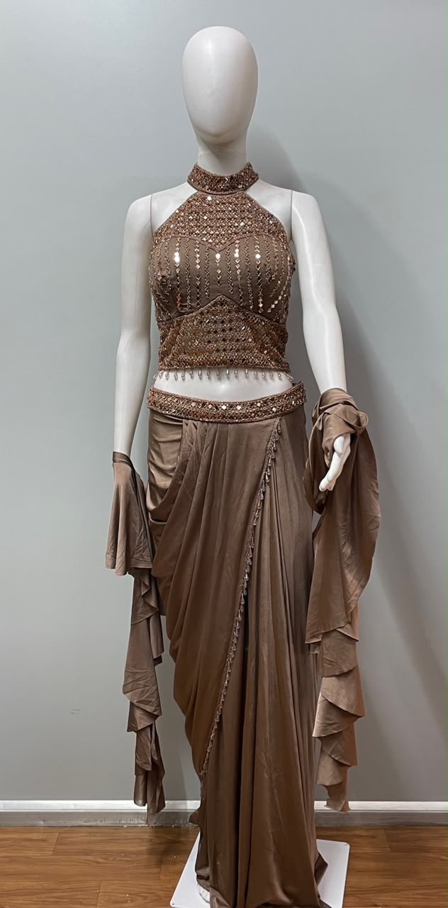 Mocha Crystal Halter Draped Saree Set