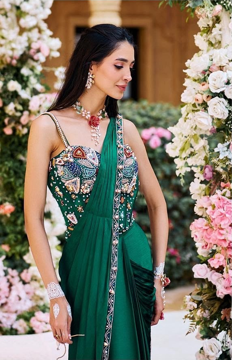 Emerald Green Multicolor Jewel Embroidered Draped Saree Set
