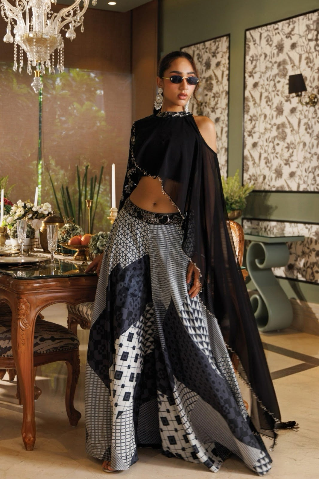 Midnight Black Monochrome Geometric Cape Skirt Set