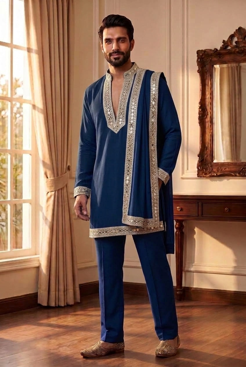 Midnight Navy Silver Men's Kurta Drape Set