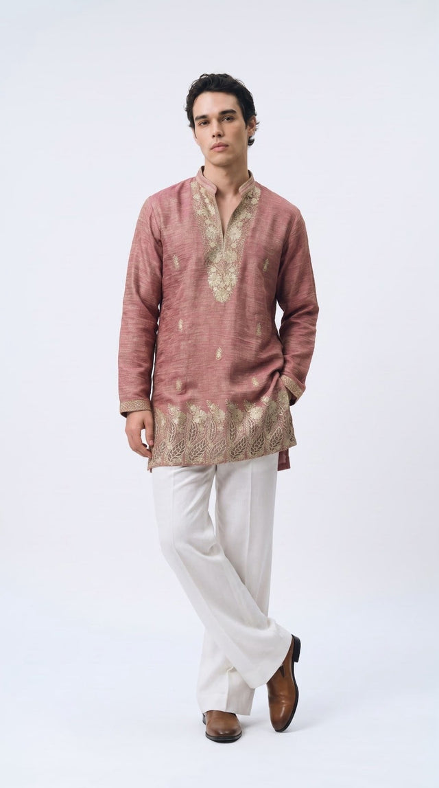 Men's rosewood kurta with antique gold floral threadwork and ivory trousers