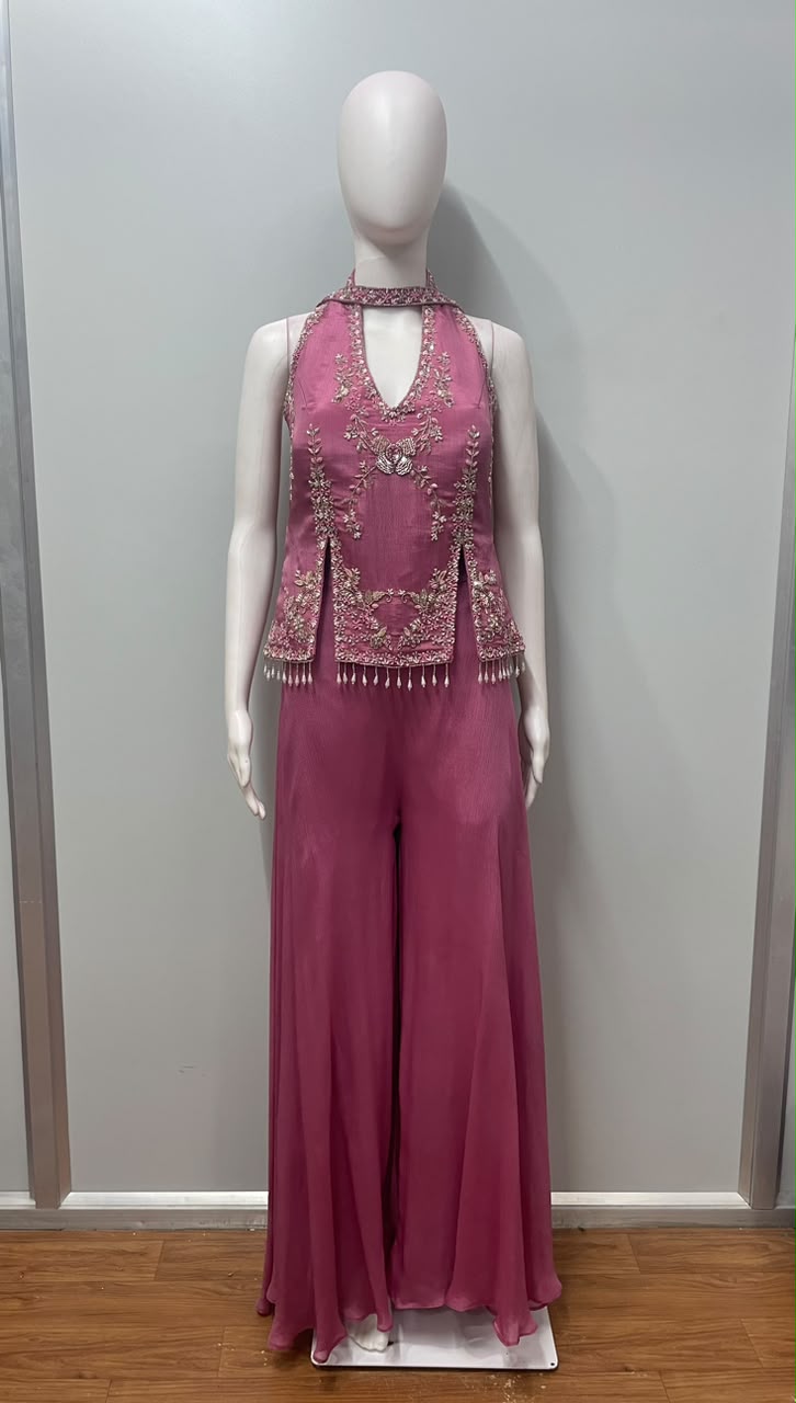Raspberry Silver Embroidered Kurta Palazzo Set