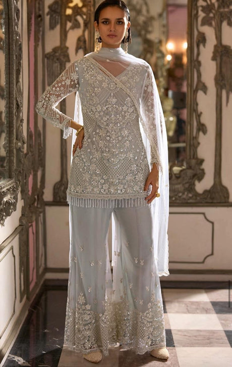 Ice grey palazzo set with silver floral V-neck kurta, wide-leg pants and dupatta