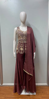 Burgundy Gold Embroidered Peplum Palazzo Set