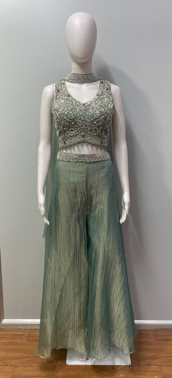 Sage Mint Silver Jewel Palazzo Set