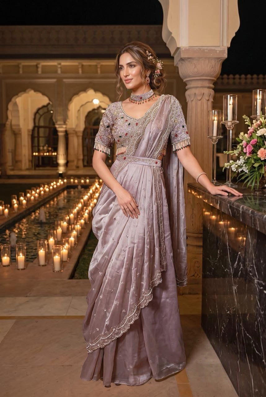 Dusty Lilac Silver Floral Jewel Draped Saree Set
