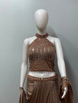 Mocha Crystal Halter Draped Saree Set