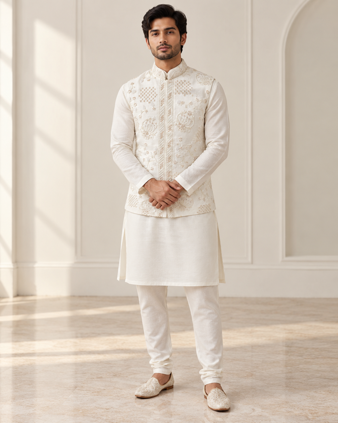 Ivory Silver Ornate Nehru Jacket Kurta Set