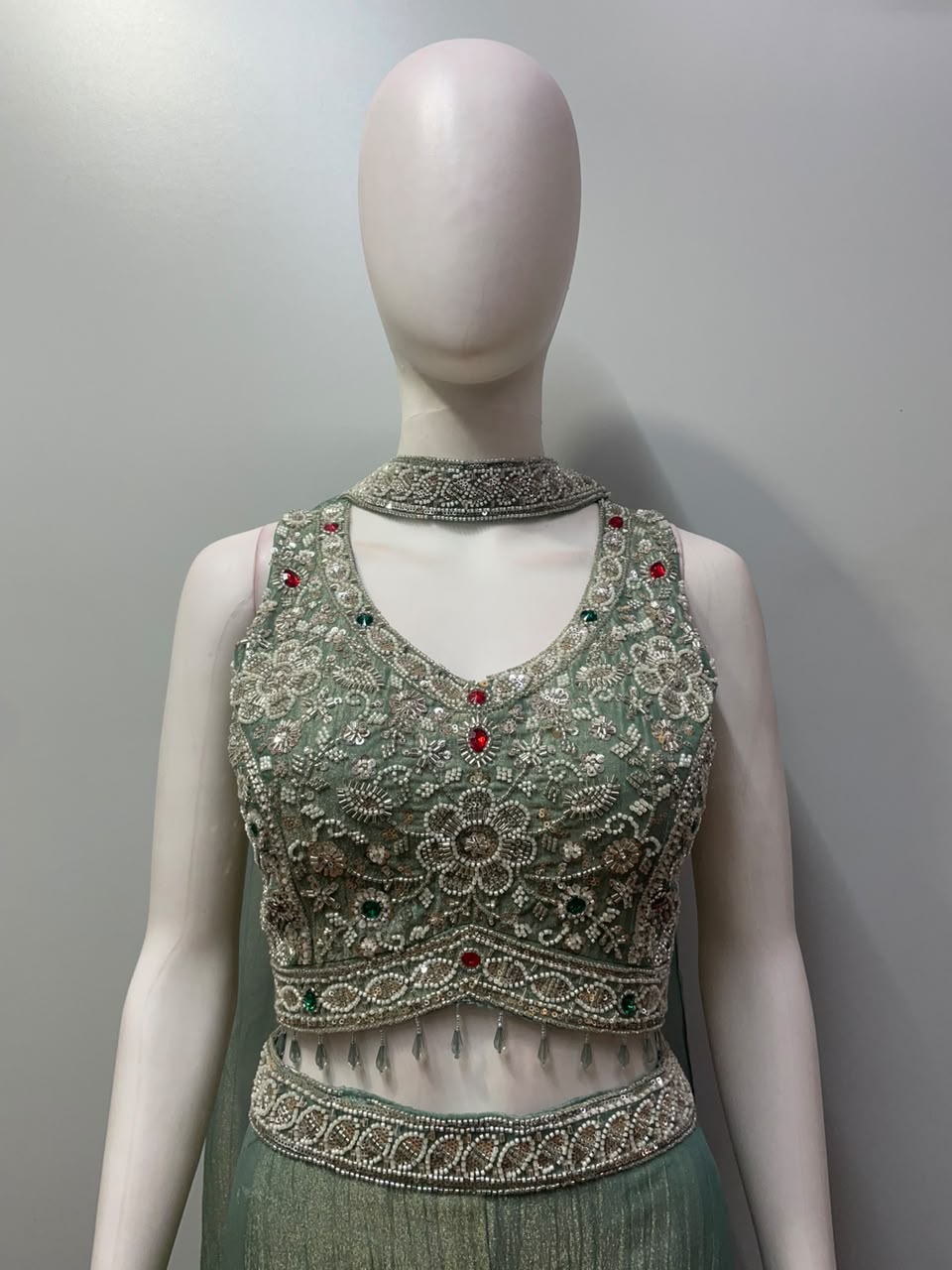 Sage Mint Silver Jewel Palazzo Set
