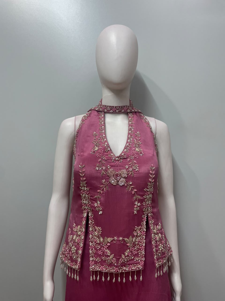 Raspberry Silver Embroidered Kurta Palazzo Set