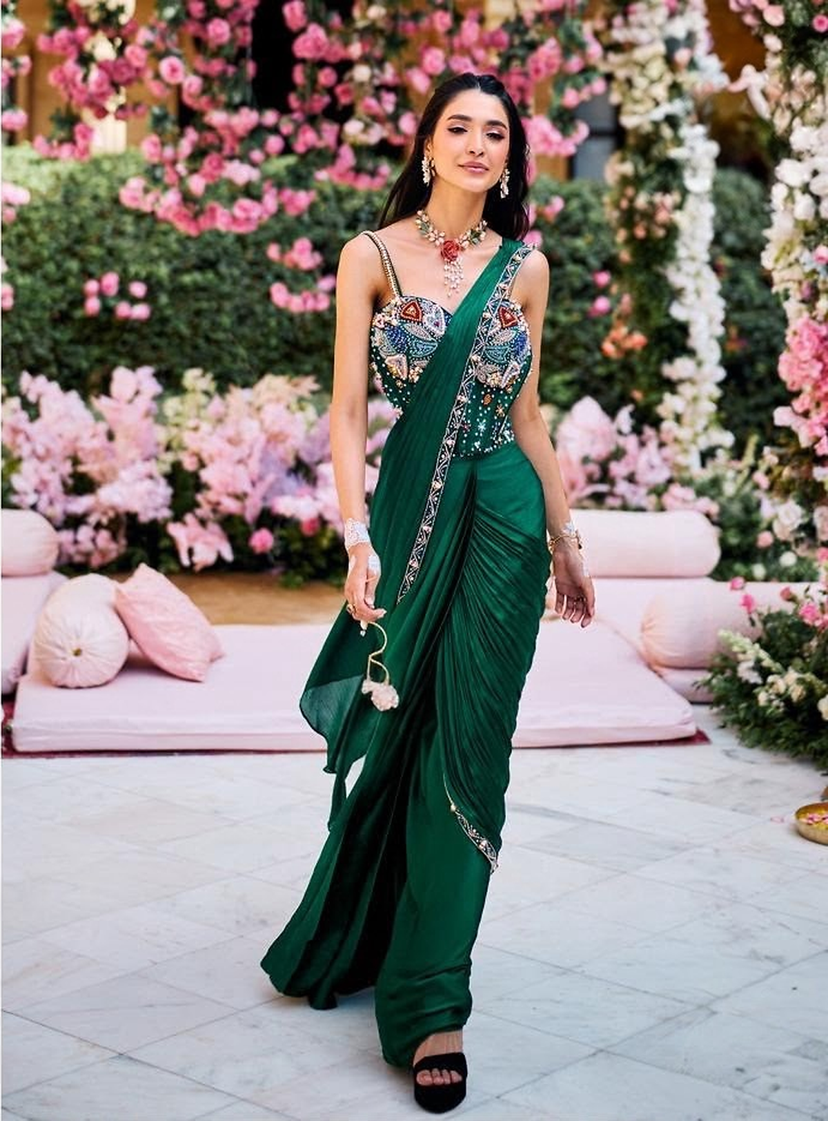 Emerald Green Multicolor Jewel Embroidered Draped Saree Set
