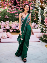 Emerald Green Multicolor Jewel Embroidered Draped Saree Set