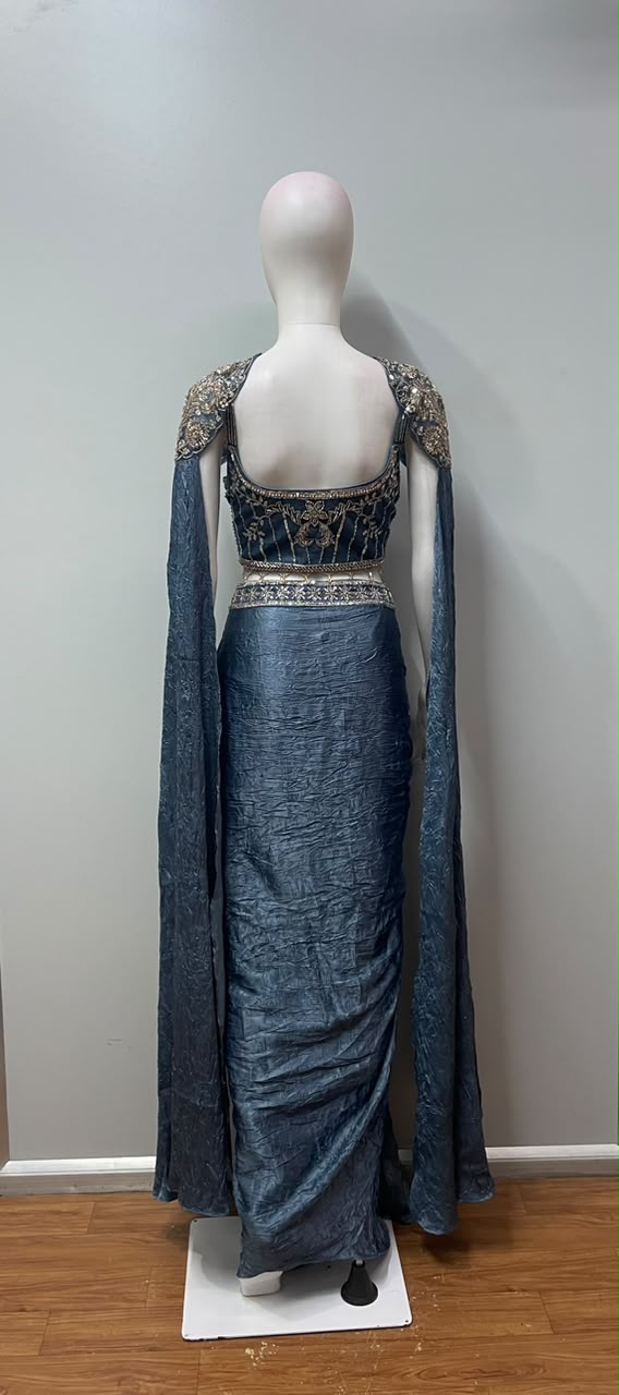 Steel Blue Gold Crystal Pre-Draped Saree Set