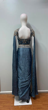 Steel Blue Gold Crystal Pre-Draped Saree Set