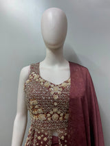 Burgundy Gold Embroidered Peplum Palazzo Set