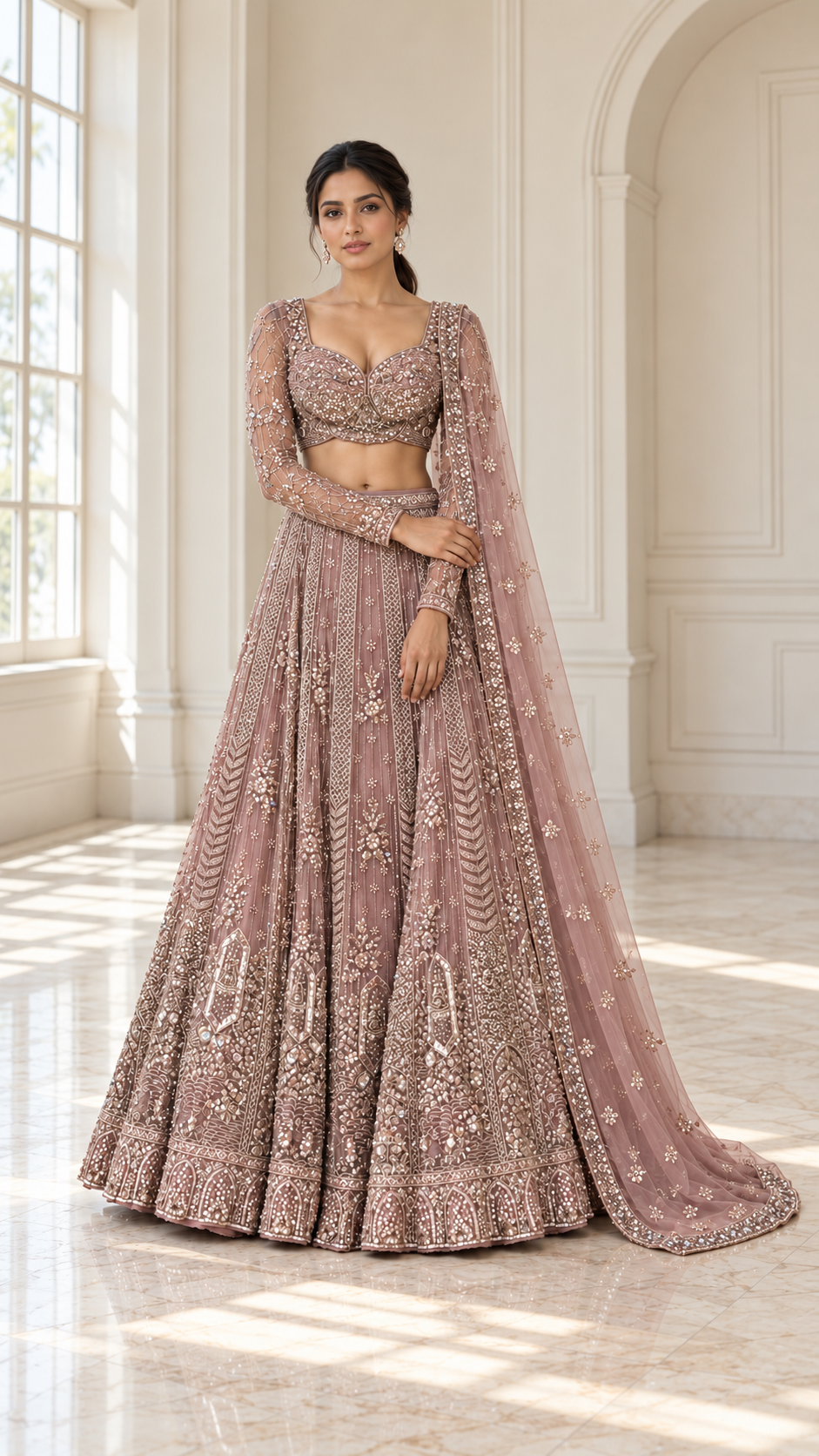Dusty Mauve Silver Crystal Jewel Lehenga Set