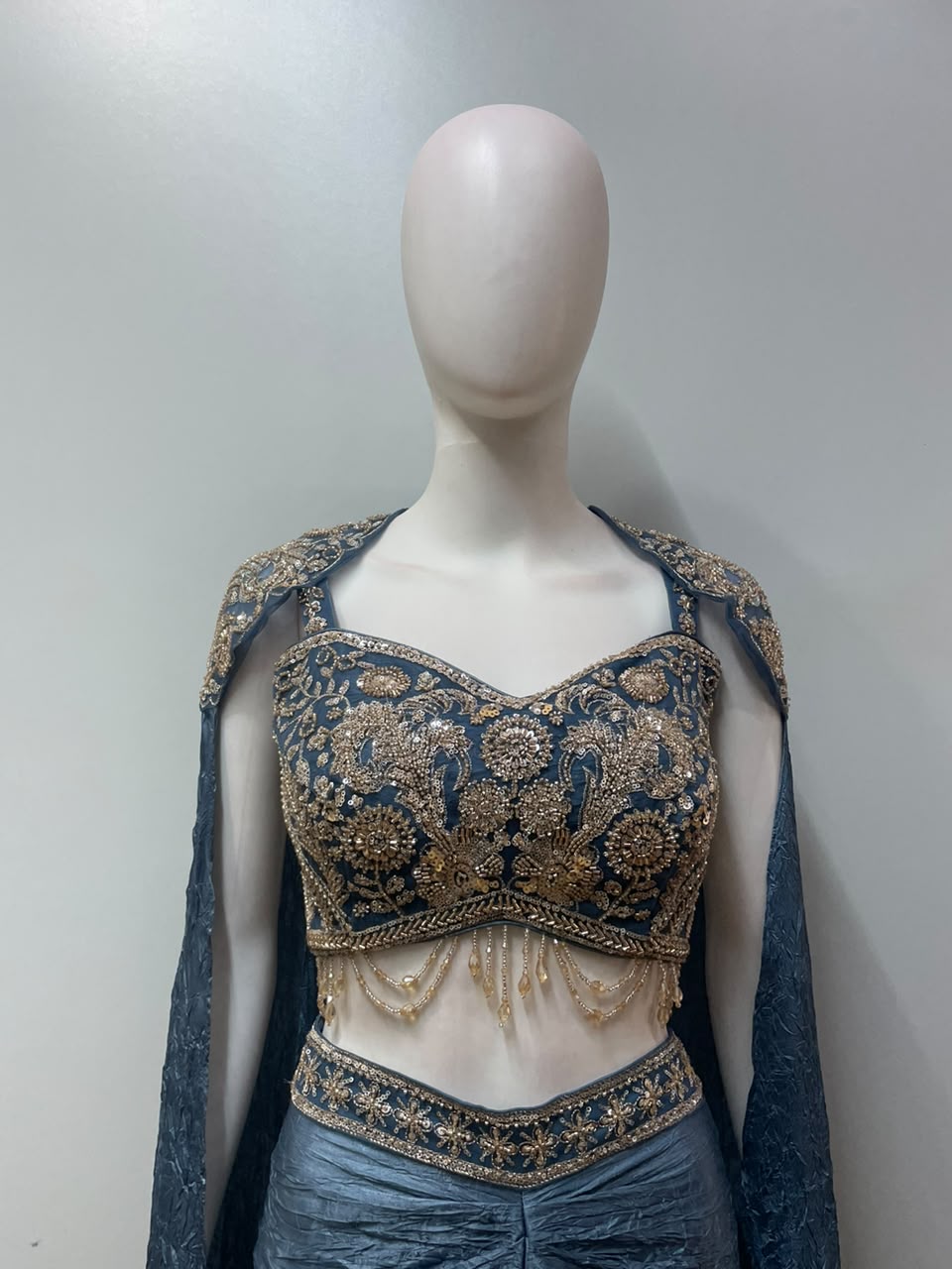 Steel Blue Gold Crystal Pre-Draped Saree Set