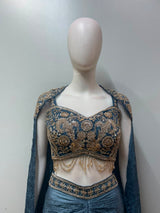Steel Blue Gold Crystal Pre-Draped Saree Set