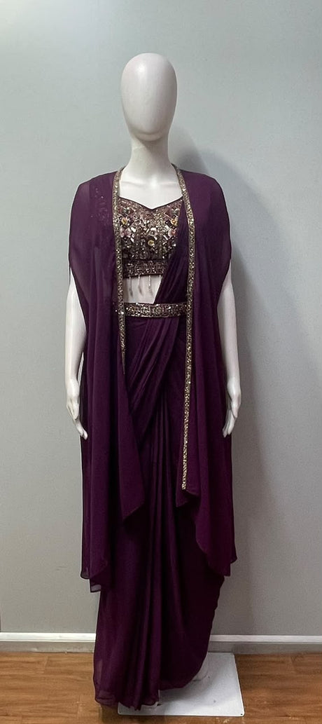 Deep wine pre-draped skirt with a multicolour jewel-work blouse