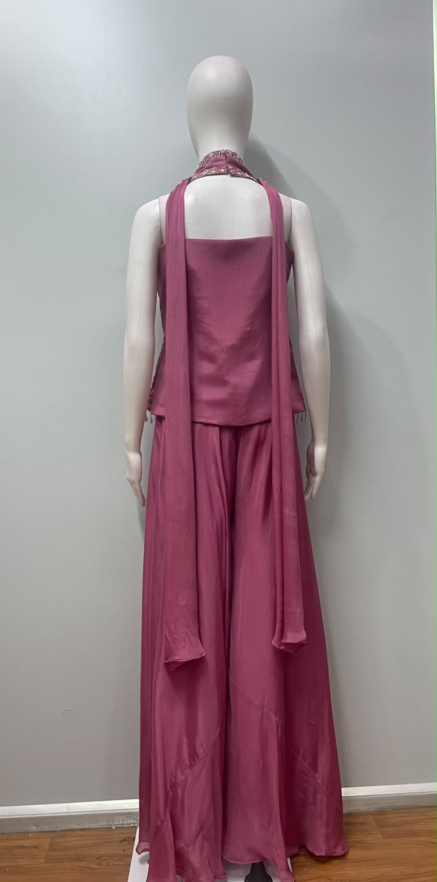 Raspberry Silver Embroidered Kurta Palazzo Set