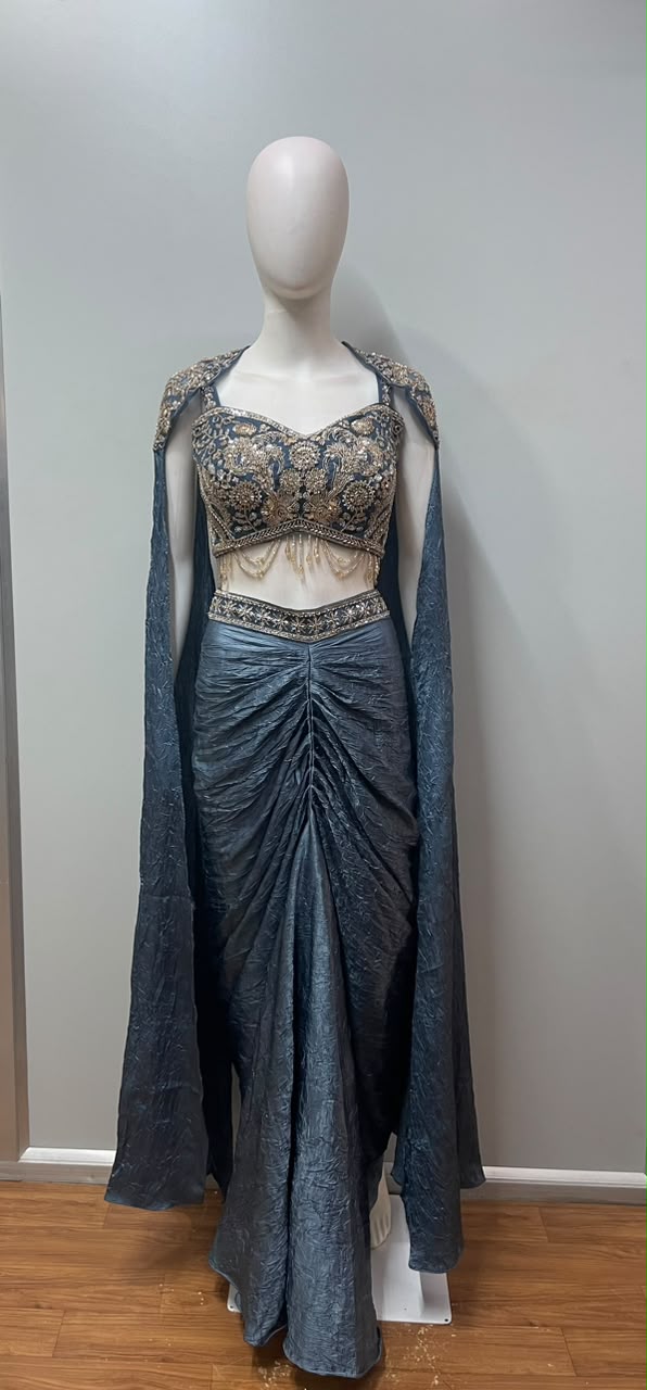 Steel Blue Gold Crystal Pre-Draped Saree Set