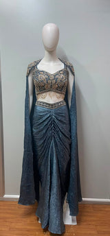 Steel Blue Gold Crystal Pre-Draped Saree Set