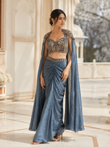 Steel Blue Gold Crystal Pre-Draped Saree Set