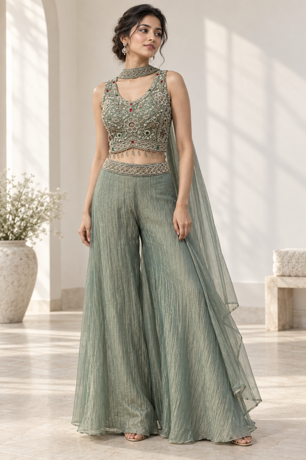 Sage Mint Silver Jewel Palazzo Set