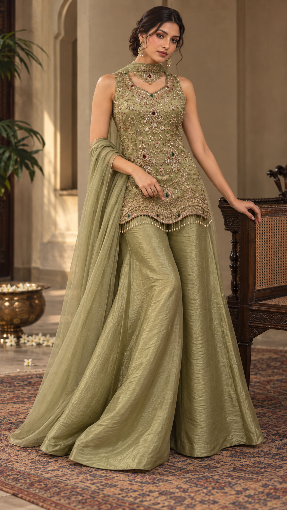 Antique Olive Gold Jewel Palazzo Set