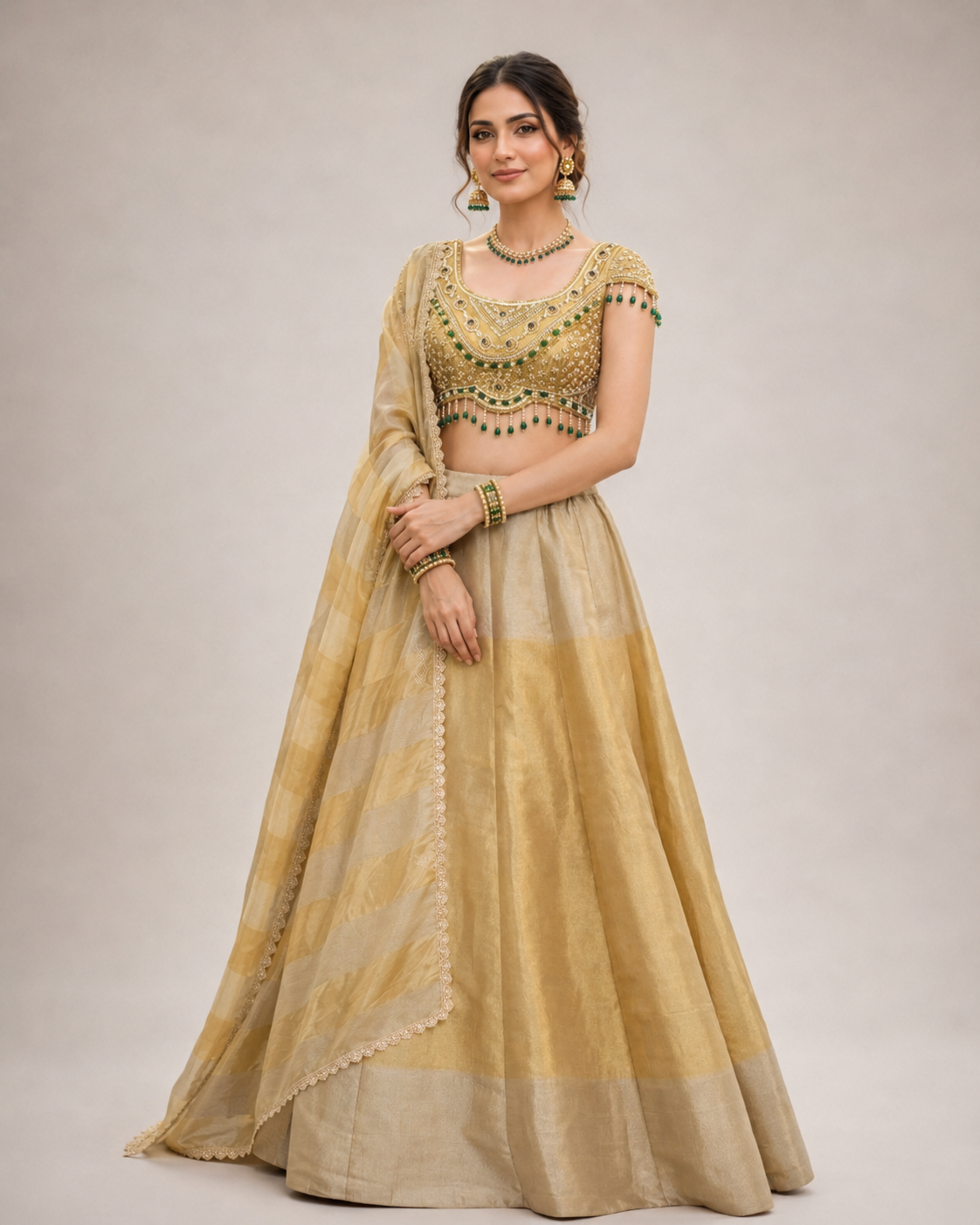 Champagne Gold Emerald Beaded Lehenga Ensemble